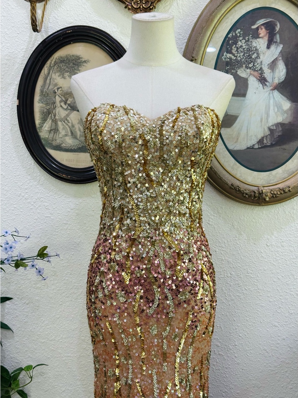 Scala Gold and Pink Sequin Strapless Maxi Gown - Picture 7 of 16